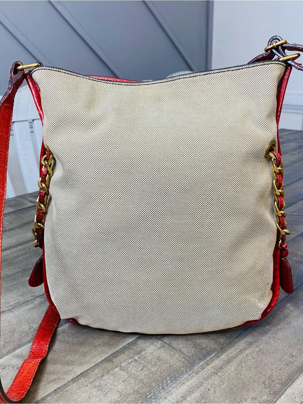 Vintage Chloé Harley Canvas Leather Crossbody Shoulder Bag Beige Red Y2K Phoebe - Picture 7 of 15